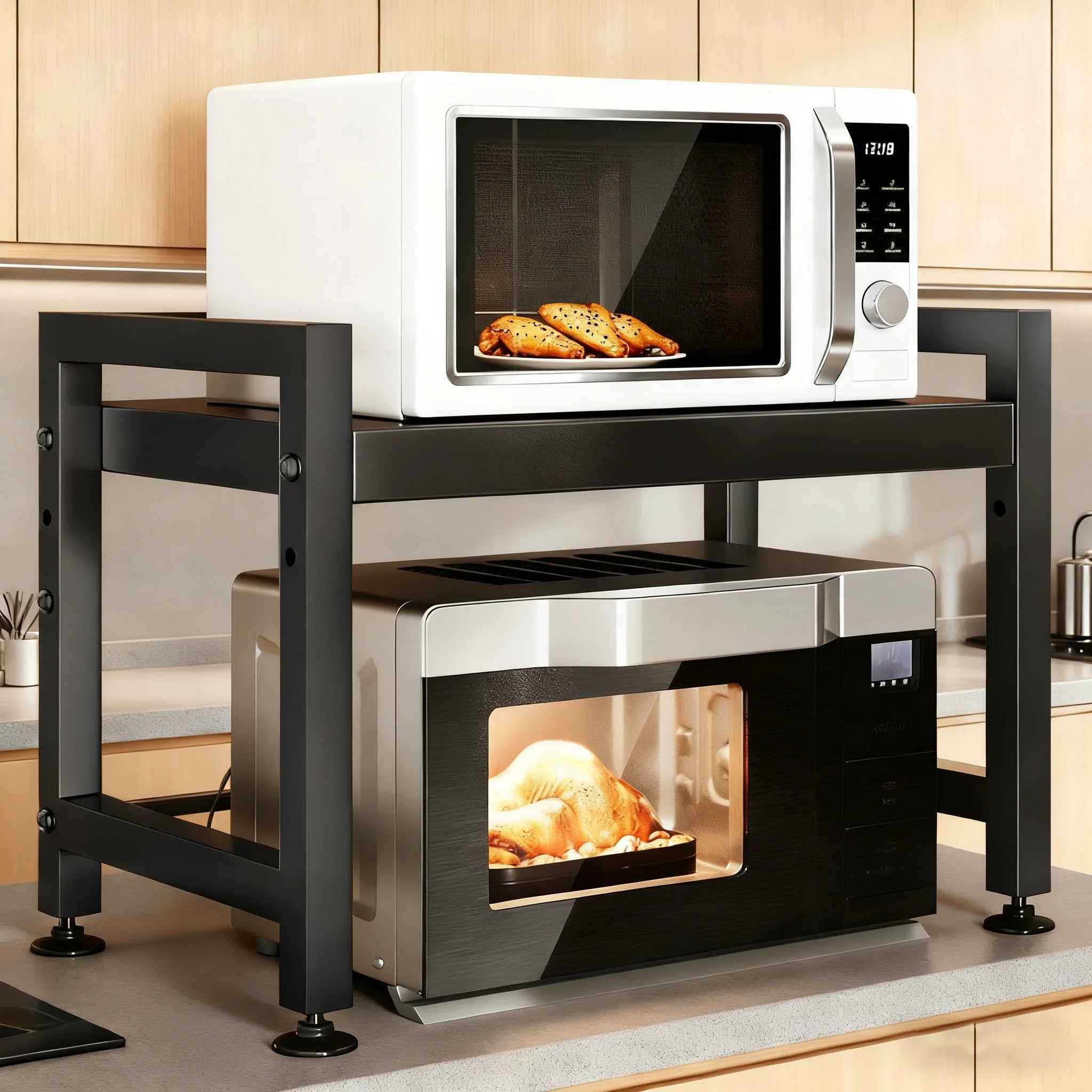 2 Tier Extendable Microwave Shelf with 6 Hanging Hooks, Microwave Stand with Storage for Kitchen Counter Organiser