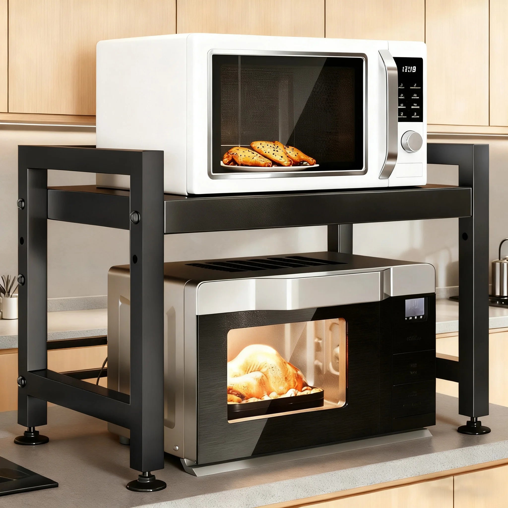 2 Tier Extendable Microwave Shelf with 6 Hanging Hooks, Microwave Stand with Storage for Kitchen Counter Organiser