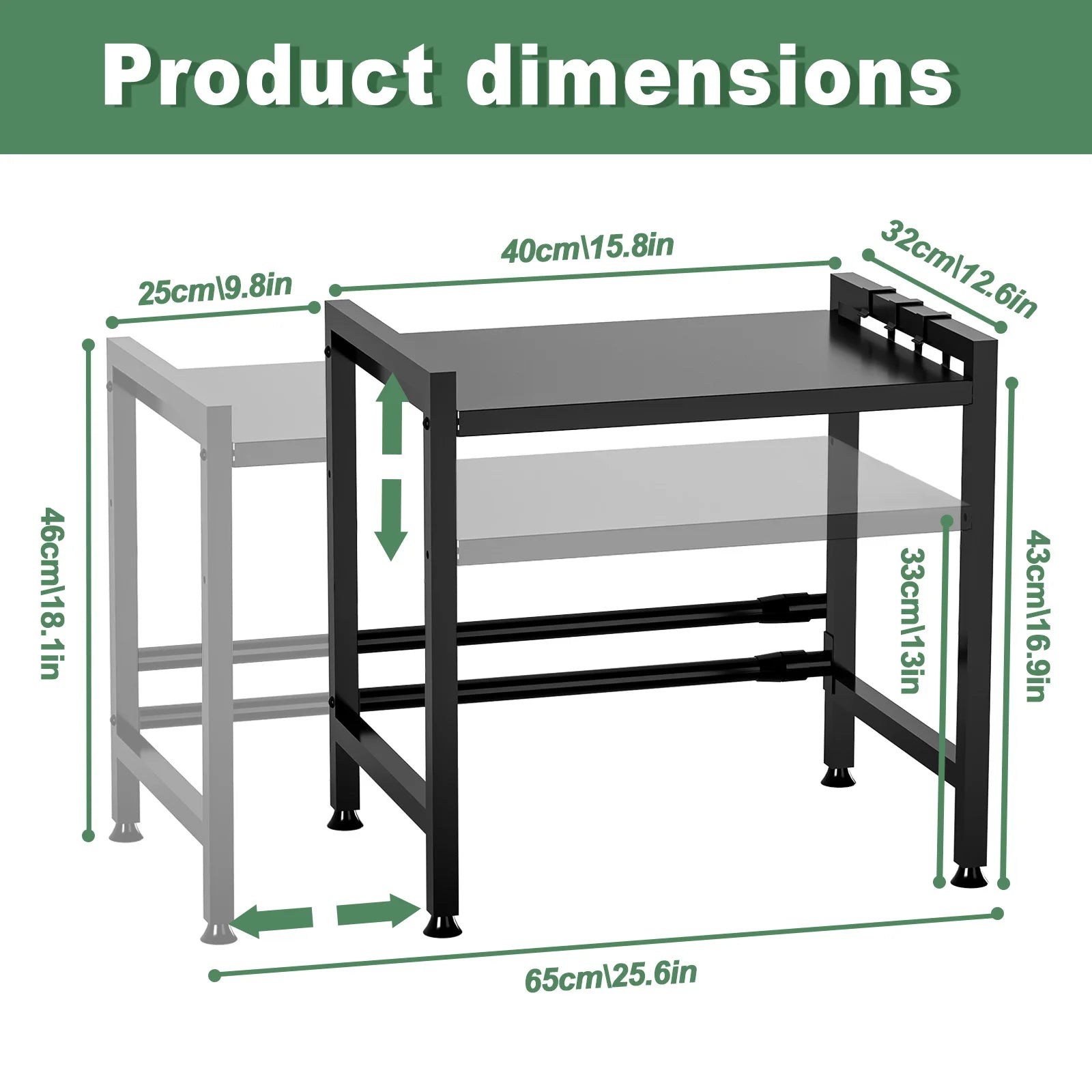 2 Tier Extendable Microwave Shelf with 6 Hanging Hooks, Microwave Stand with Storage for Kitchen Counter Organiser