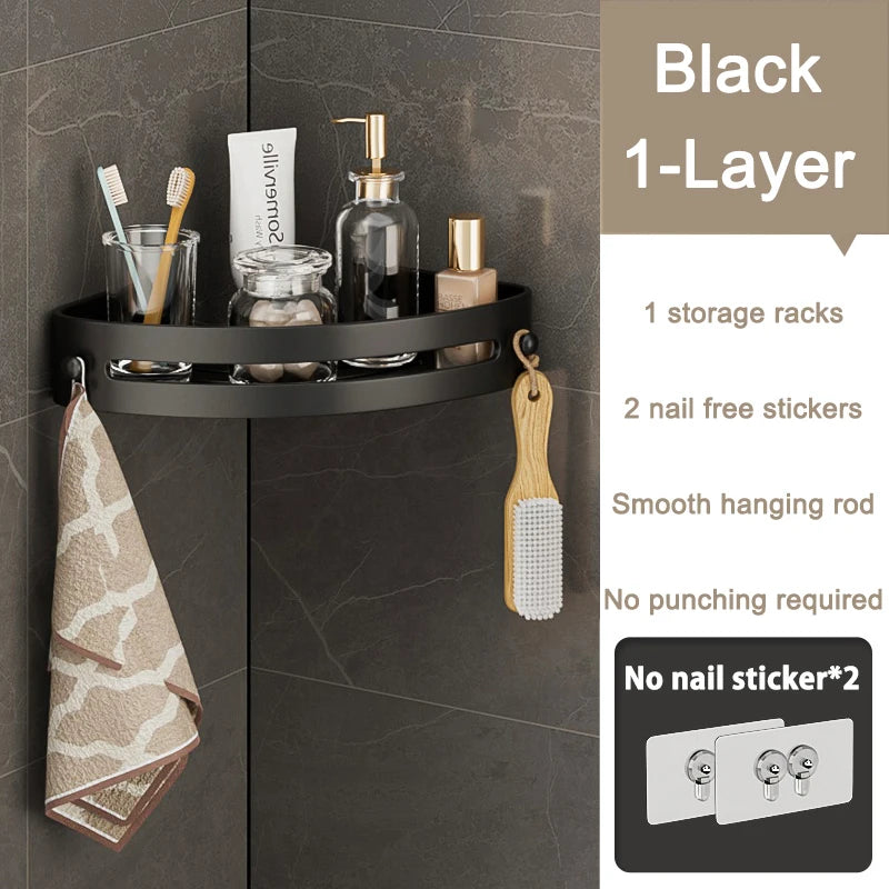 Bathroom Corner Rack Wall-Mount Punch-Free Storage Racks With Hook Waterproof Wall Shelf Kitchen Storage Organizer Shower Shelf