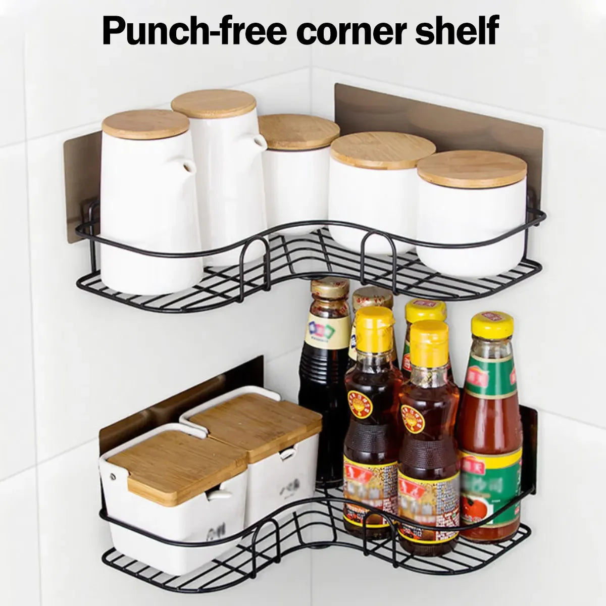 Bathroom Shelf Shower Corner Wall-mount Shampoo Storage Holder with Suction Cup No Drilling Kitchen Bathroom Shelves Spice Rack