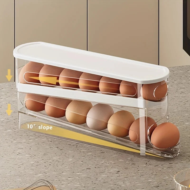 1PC Double-Layer Rolling Egg Storage Box,Space-Saving Refrigerator Organizer for,Transparent with Lid,Ideal for Home Use