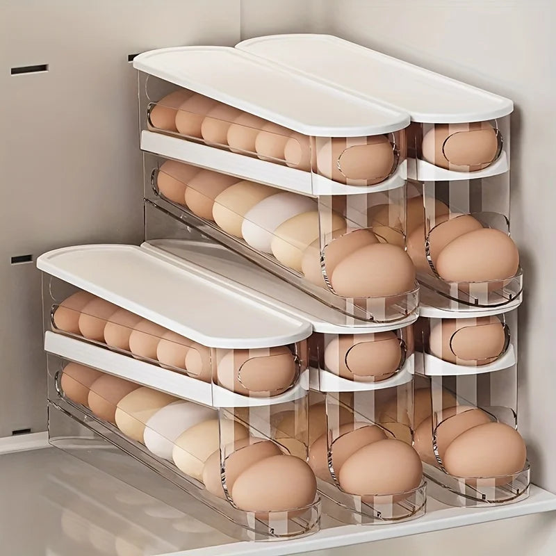 1PC Double-Layer Rolling Egg Storage Box,Space-Saving Refrigerator Organizer for,Transparent with Lid,Ideal for Home Use
