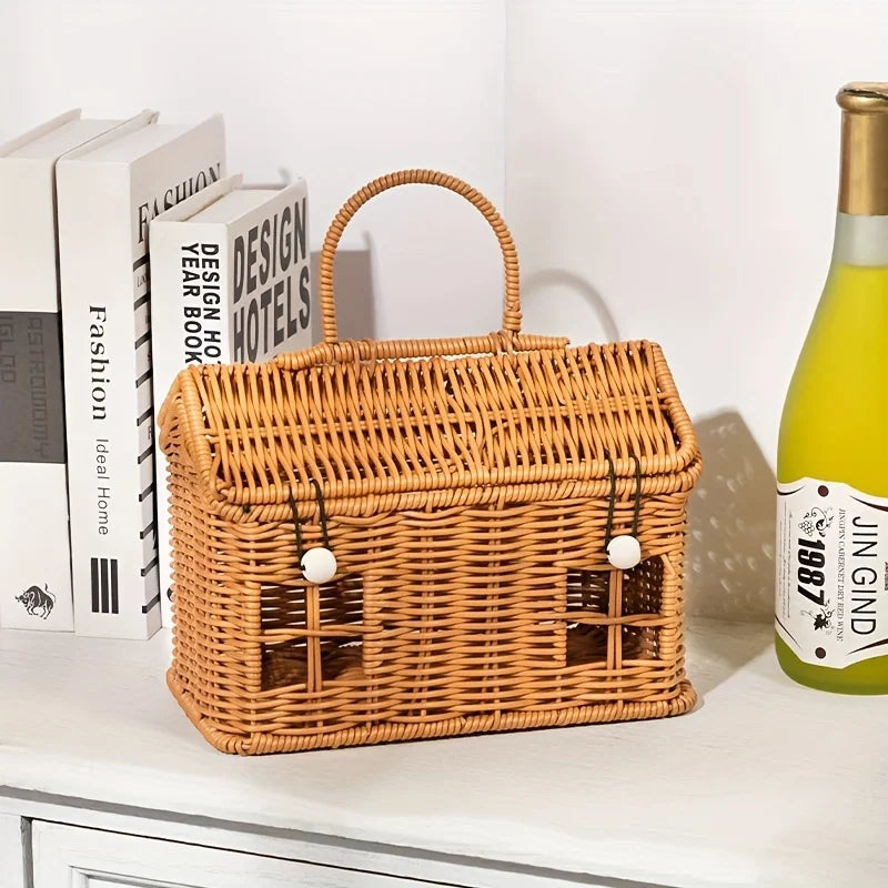 1pc PE Woven Picnic Basket, Handmade Storage Tote Bag for Outdoor, Durable & Lightweight Carry Very Suitable for Picnic Use