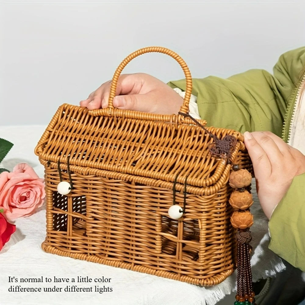 1pc PE Woven Picnic Basket, Handmade Storage Tote Bag for Outdoor, Durable & Lightweight Carry Very Suitable for Picnic Use