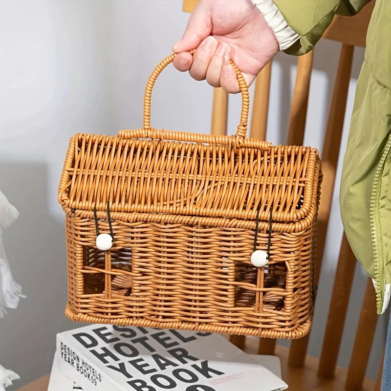 1pc PE Woven Picnic Basket, Handmade Storage Tote Bag for Outdoor, Durable & Lightweight Carry Very Suitable for Picnic Use