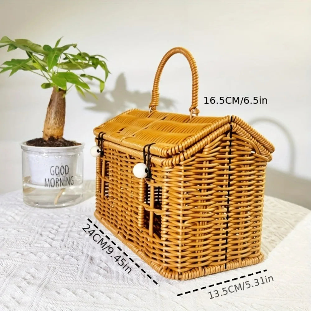 1pc PE Woven Picnic Basket, Handmade Storage Tote Bag for Outdoor, Durable & Lightweight Carry Very Suitable for Picnic Use