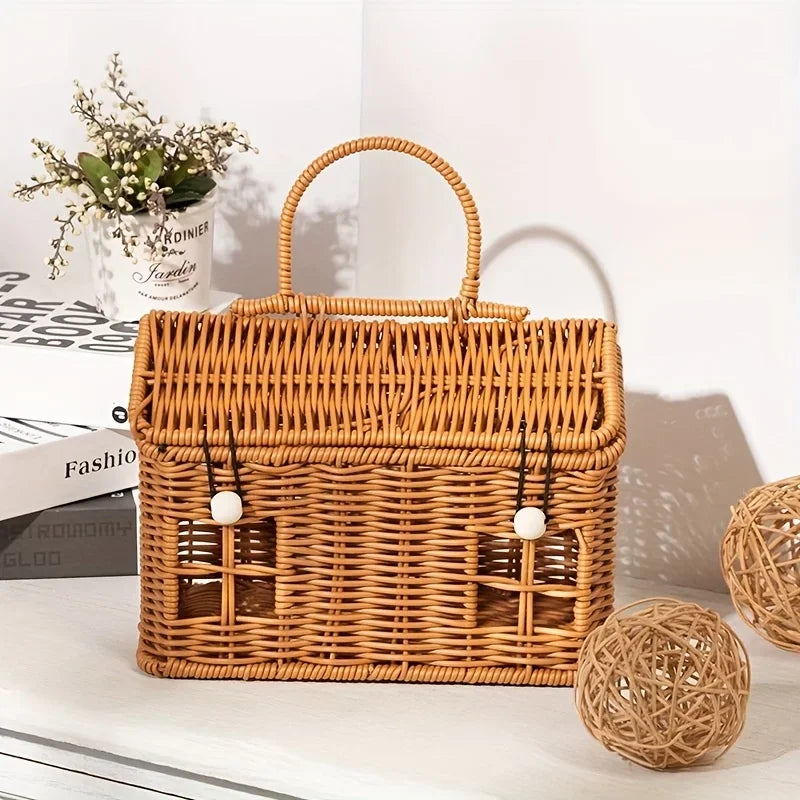 1pc PE Woven Picnic Basket, Handmade Storage Tote Bag for Outdoor, Durable & Lightweight Carry Very Suitable for Picnic Use
