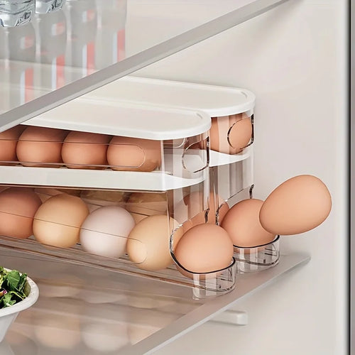 1PC Double-Layer Rolling Egg Storage Box,Space-Saving Refrigerator Organizer for,Transparent with Lid,Ideal for Home Use