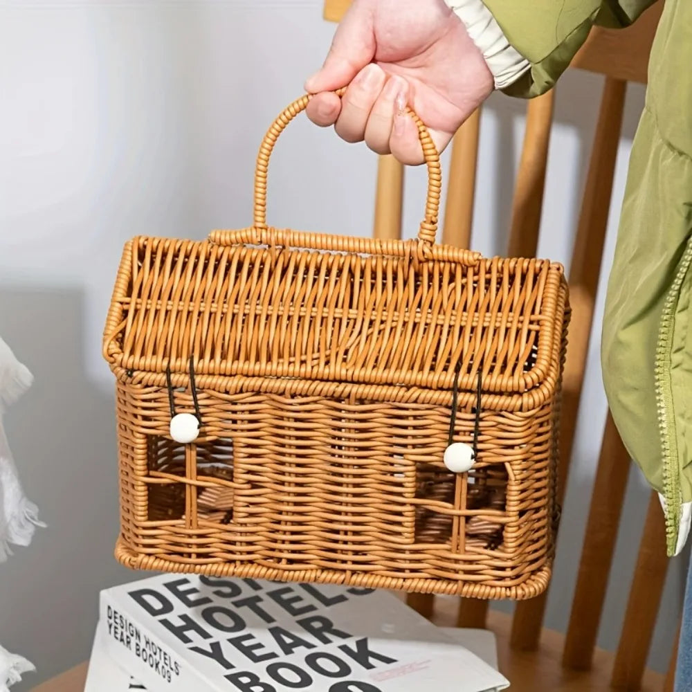 1pc PE Woven Picnic Basket, Handmade Storage Tote Bag for Outdoor, Durable & Lightweight Carry Very Suitable for Picnic Use