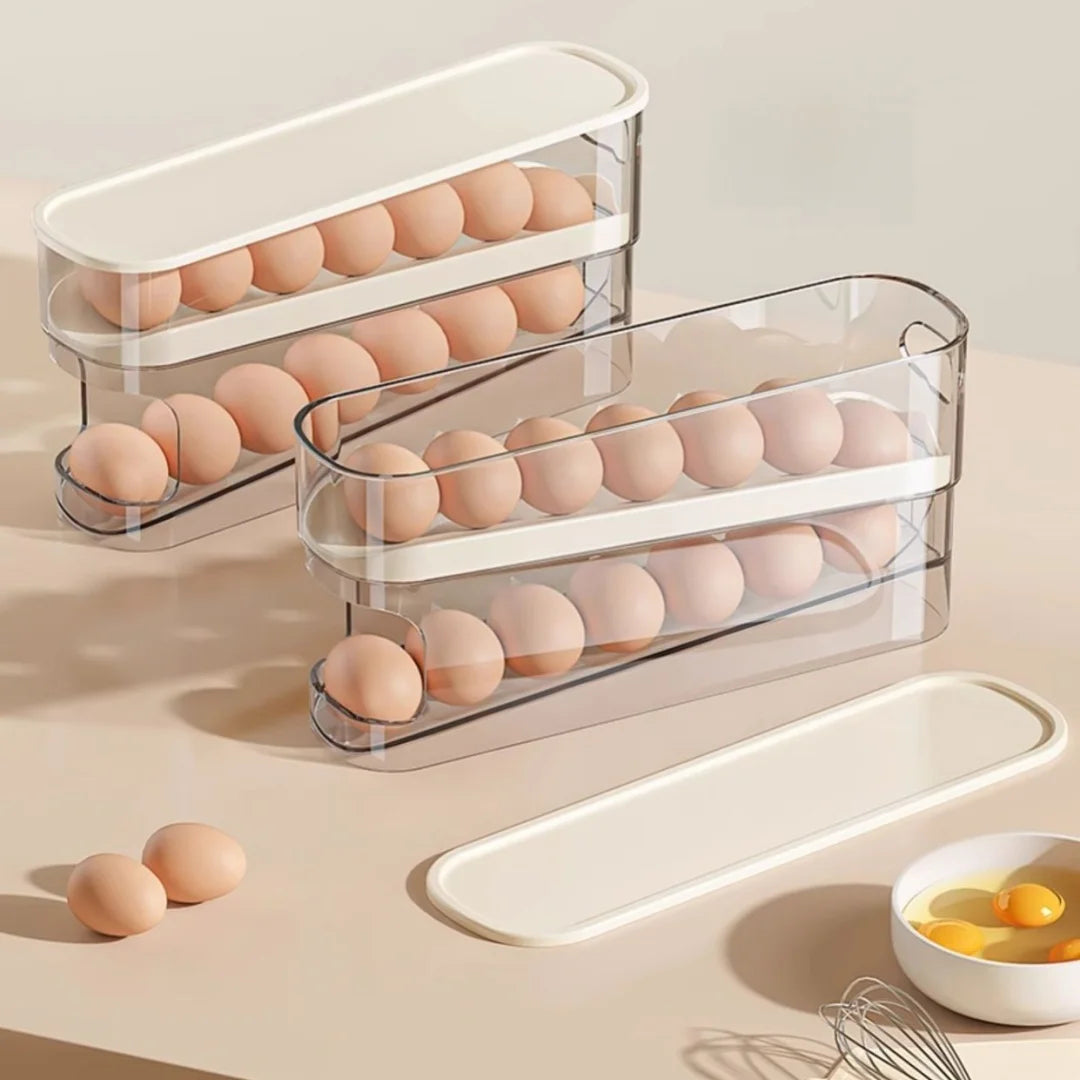 1PC Double-Layer Rolling Egg Storage Box,Space-Saving Refrigerator Organizer for,Transparent with Lid,Ideal for Home Use