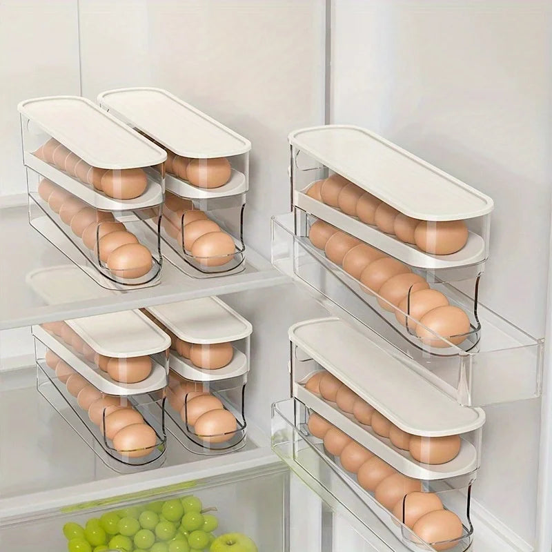 1PC Double-Layer Rolling Egg Storage Box,Space-Saving Refrigerator Organizer for,Transparent with Lid,Ideal for Home Use