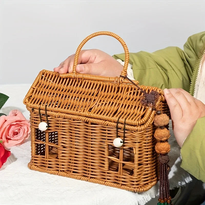1pc PE Woven Picnic Basket, Handmade Storage Tote Bag for Outdoor, Durable & Lightweight Carry Very Suitable for Picnic Use