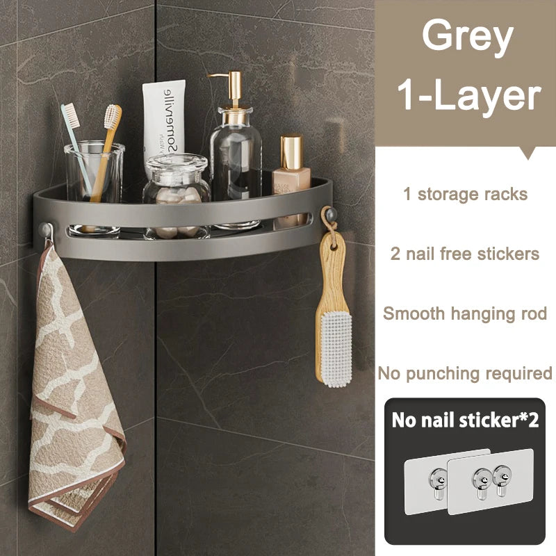 Bathroom Corner Rack Wall-Mount Punch-Free Storage Racks With Hook Waterproof Wall Shelf Kitchen Storage Organizer Shower Shelf