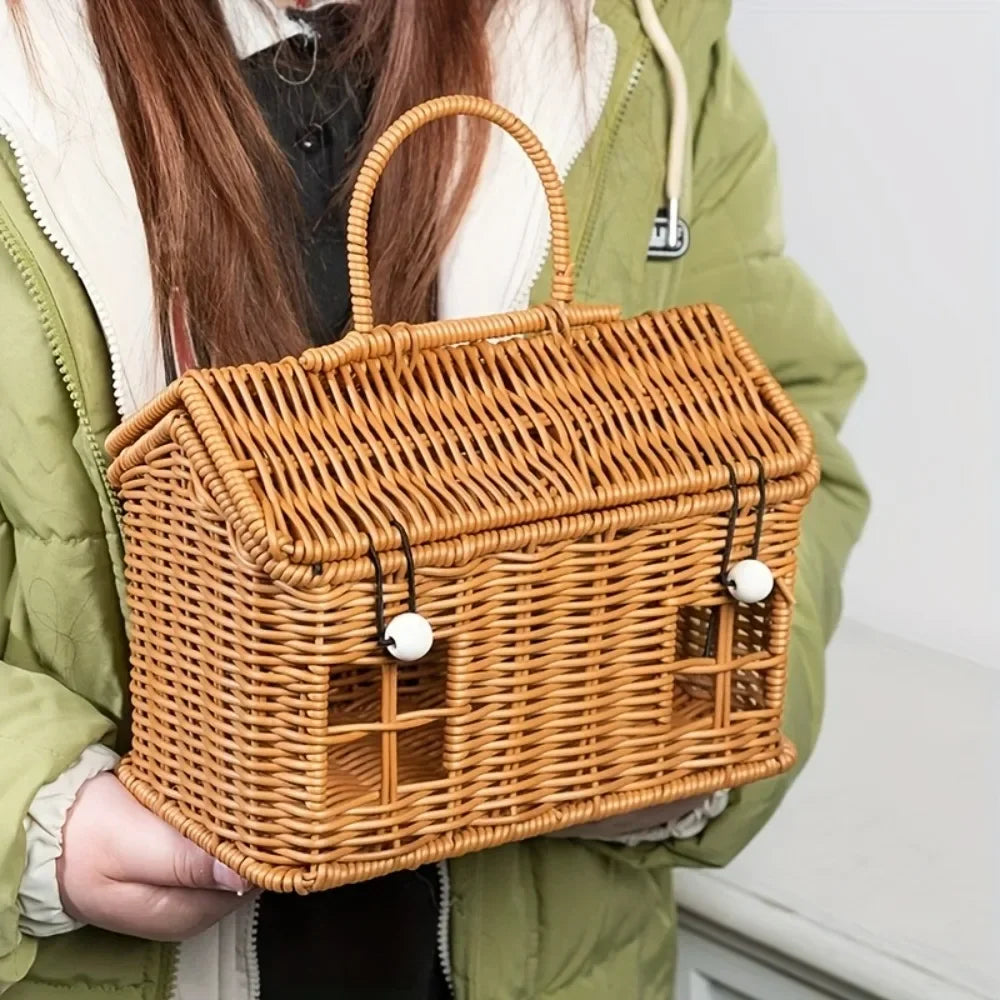 1pc PE Woven Picnic Basket, Handmade Storage Tote Bag for Outdoor, Durable & Lightweight Carry Very Suitable for Picnic Use