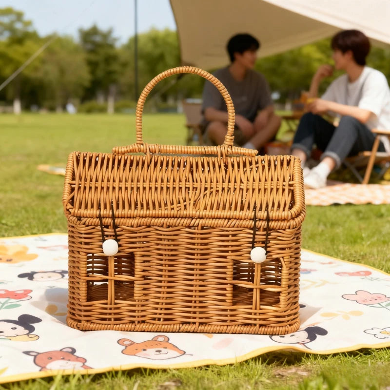 1pc PE Woven Picnic Basket, Handmade Storage Tote Bag for Outdoor, Durable & Lightweight Carry Very Suitable for Picnic Use